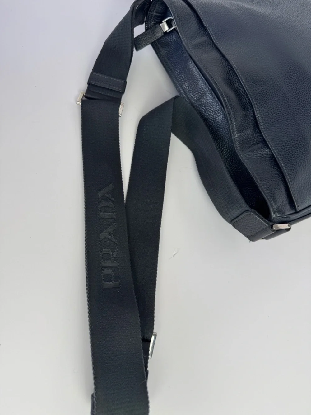 Prada Navy Blue Pebbled Leather Messenger Bag with Branded Strap - Picture 14 of 16